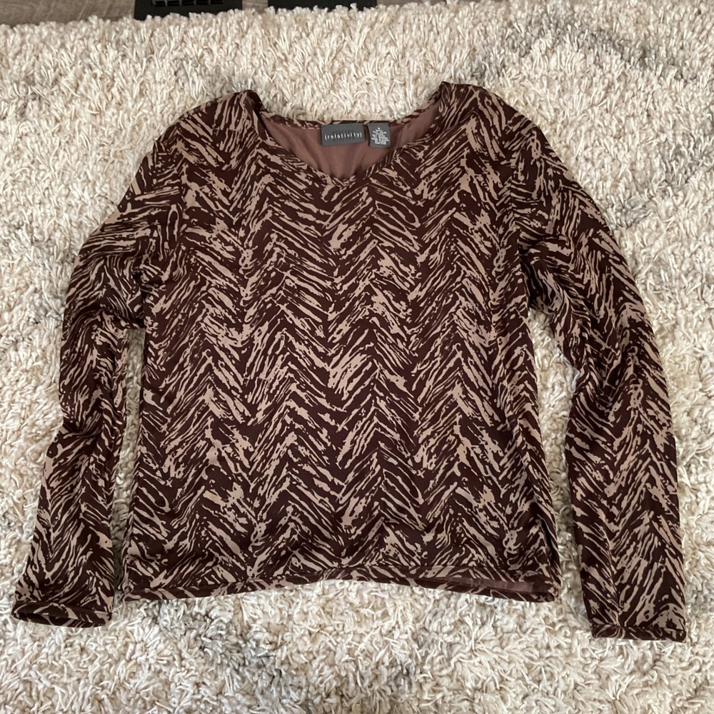 Relativity‎ Brown Tan Abstract Chevron Mesh Long Sleeve Top Womens M